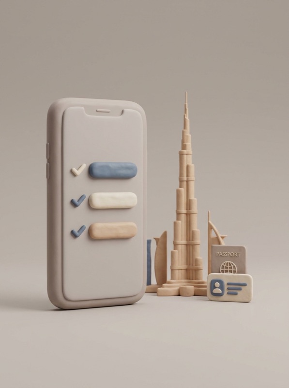 Soft 3D render of a phone checklist beside a stylized Dubai skyline and passport