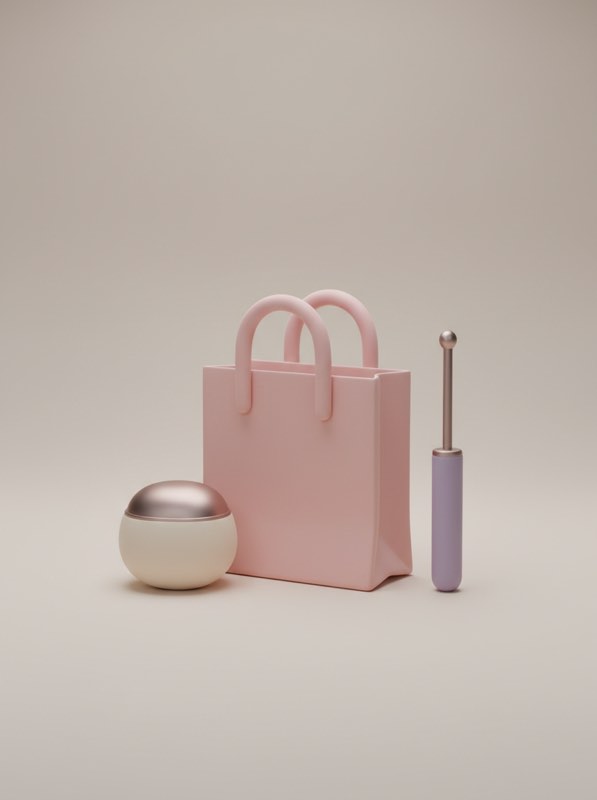 Soft 3D render of a pink shopping tote beside a rounded nail-clipper pod and an eyelash-curler wand