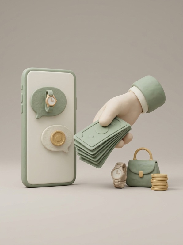 Soft 3D render of a watch, phone and handbag around a stack of banknotes