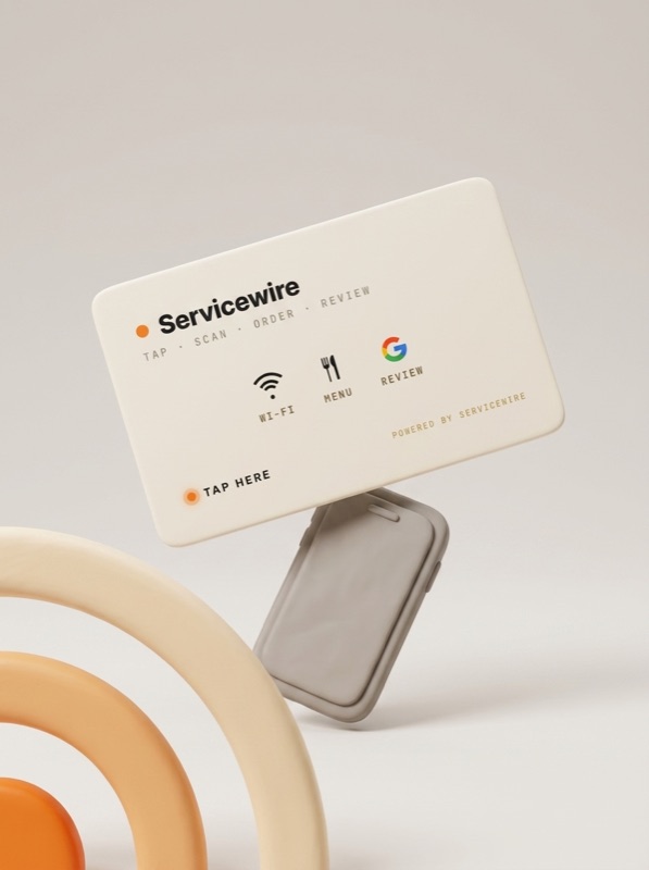 Soft 3D render of the cream ServiceWire tap card with signal arcs and a phone